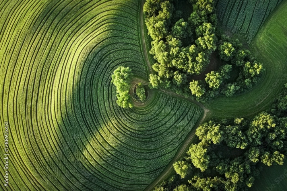 Poster expansive fields of vibrant green crops form intricate circular patterns, bordered by dense trees, c