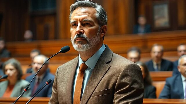 Serious Man Giving a Speech in Courtroom
