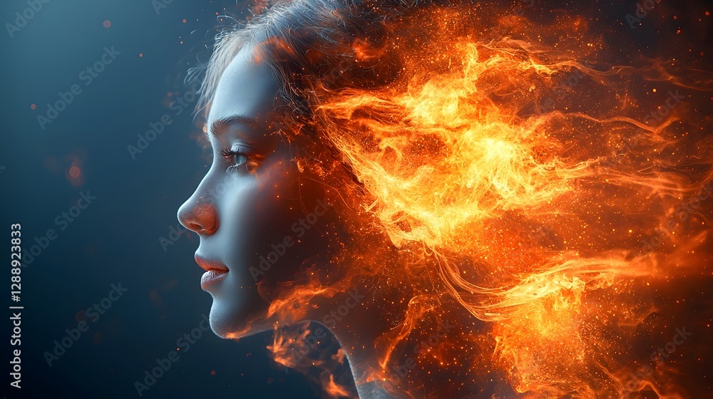 Poster Glowing Serene Composite Portrait with Flowing Ink Patterns Symbolizing and Fluid Expression