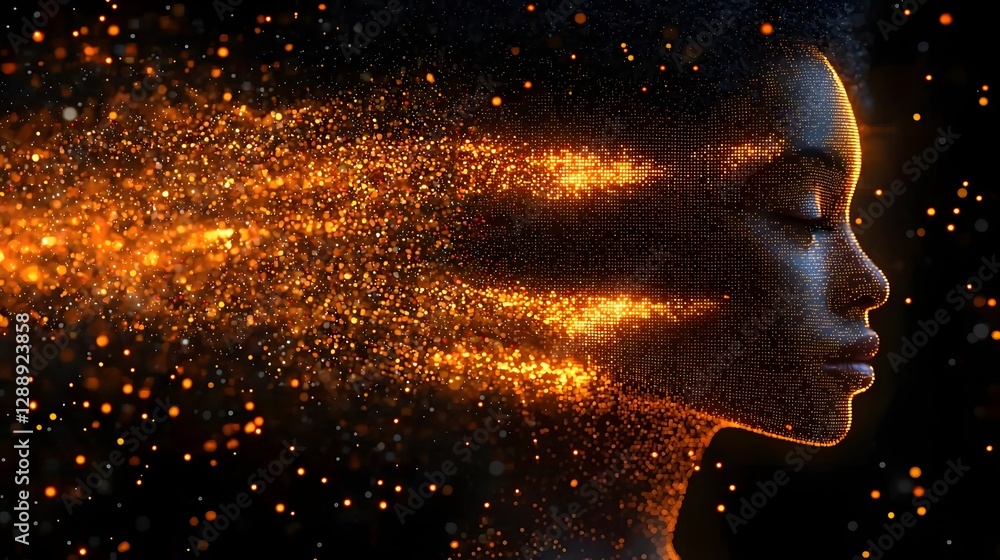 Poster glowing digital portrait merging human profile with pixel art fusing tradition and modernity in capt