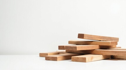 A stack of light brown wooden planks rests on a white surface against a white background