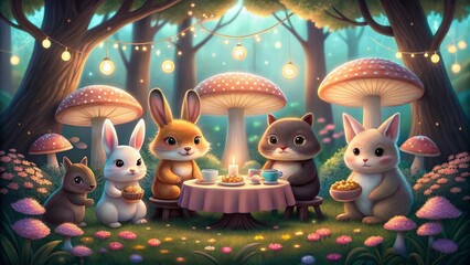 Fototapeta premium A group of animals having a tea party in a magical forest, with twinkling fairy lights and oversized mushrooms. Story book illustrations. Cartoon rabbit