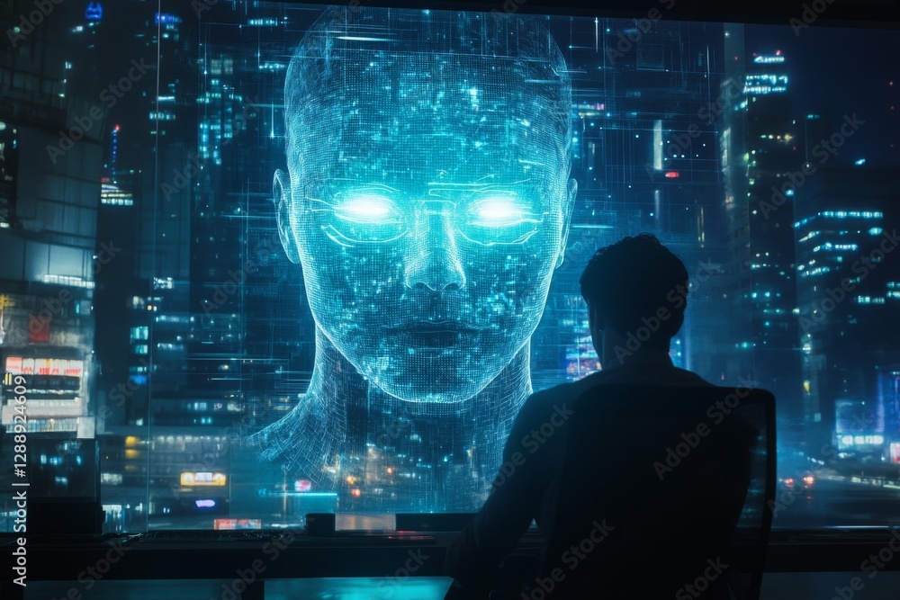 Poster a person sits in front of a large screen displaying an impressive holographic face in a vibrant city