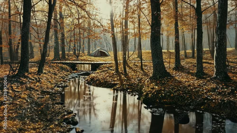 Aufkleber tranquil campsite by a stream surrounded by autumn trees in a serene forest setting