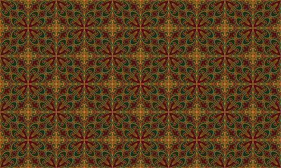 This elegant red, gold, green damask seamless pattern showcases intricate, vintage-inspired floral motifs. Perfect for wallpaper, fabric, invitations, branding, packaging, home decor, and digital back