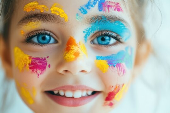Young girl enjoys creative face painting with bright colors in a joyful moment at an outdoor event