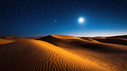 A surreal moonlit desert where the shadows of stars stretch endlessly over the dunes