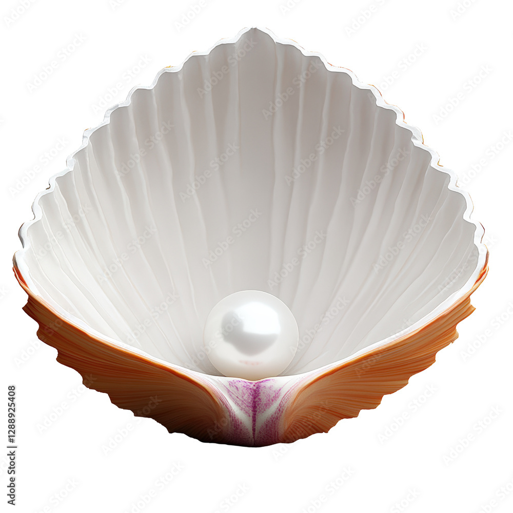 Poster close-up of a white pearl resting inside a natural shell on a textured surface isolated on transpare