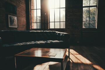 Warm sunlight streams through large windows, casting a soft glow on the dark leather couch and wooden coffee table in an inviting urban loft setting. Generative AI