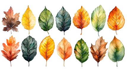 Obraz premium Vibrant Watercolor Autumn Leaf Assortment on White Background