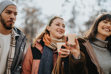 A cheerful group of friends in cozy winter attire drinking together outdoors, radiating joy.