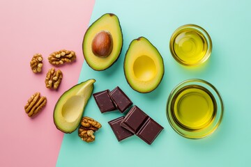 Avocado, chocolate, walnuts, and olive oil on colorful background
