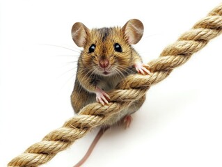 Mouse Climbing a Rope Against a White Background - Ideal for Educational or Nature-Themed Content