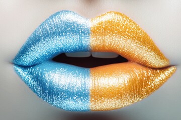 Vibrant blue and orange glitter lips showcase artistic makeup design for a creative look at a beauty event