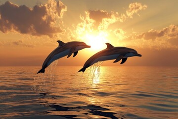 Two dolphins leaping at sunset over ocean waters