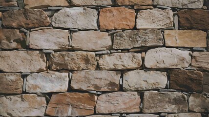 Close Up of Rustic Stone Wall with Irregularly Shaped, Tightly Packed Natural Stones in Various Textures and Colors