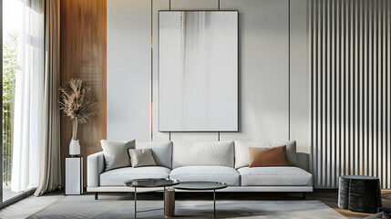 Modern living room interior with window and furniture including table, chair, sofa, and plants in a luxurious home design