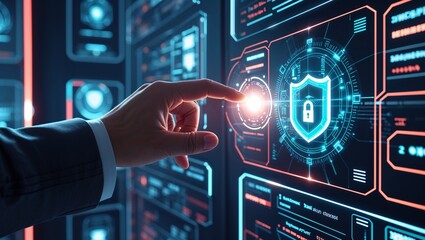 Obraz premium Person interacting with digital interface, cybersecurity shield, data protection, high-tech security measures