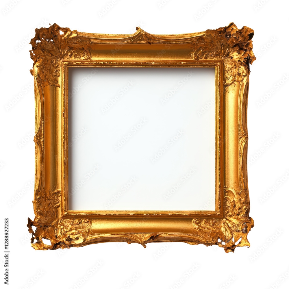 Poster gold frame on white background featuring unique design with abstract shapes and textures isolated on