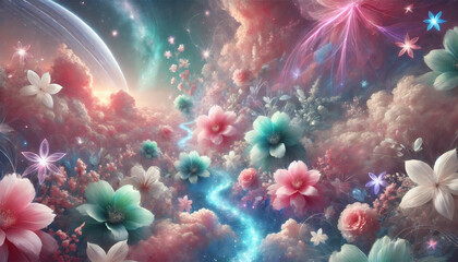 Obraz premium Celestial Garden Filled With Luminous Pastel Flowers Floating in a Cosmic Landscape at Dawn