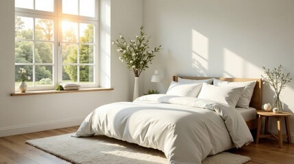 Serene Bedroom with Sunlight Streaming Through Window, Crisp White Bedding, and Minimalist Decor