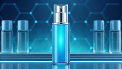 A sleek blue serum bottle stands prominently, surrounded by other transparent bottles, set against a futuristic, hexagonal background.