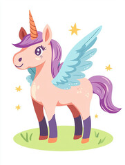 Joyful unicorn with colorful wings standing on grassy ground with stars. Generative AI