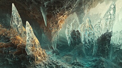 Stunning underground cave with crystal formations and ethereal glow showcasing natural beauty and geological wonders