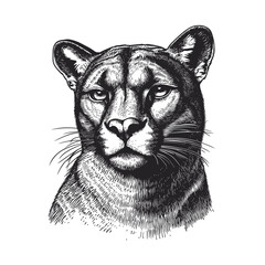 Hand-drawn black sketch cougar illustration, vintage wildlife art, trendy animal art, wall decor, old engraving style, white background.