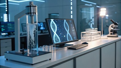 A modern laboratory setup featuring a computer displaying DNA strands, a microscope, and lab equipment for scientific research.