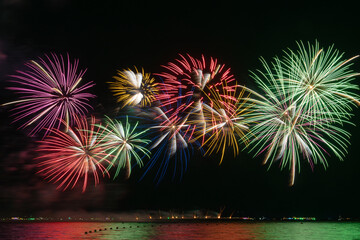 Multicolored Fireworks Exploding Over Water