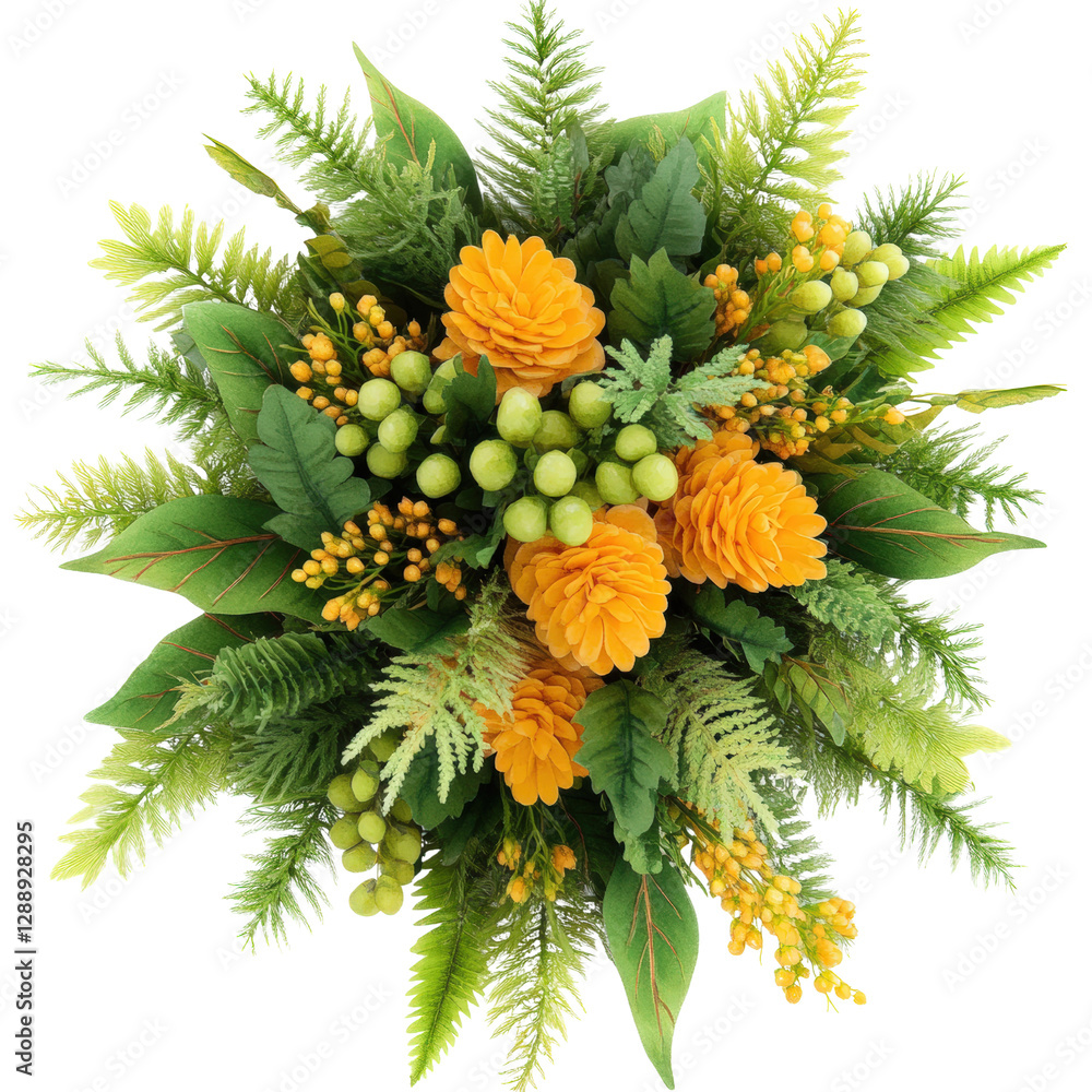 Poster bouquet of orange flowers with green leaves arranged in a decorative display on a neutral background