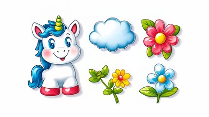 Fototapeta premium Unicorn stands playfully in a colorful fantasy world, surrounded by bright flowers and a fluffy cloud, creating a dreamy, magical scene for children.