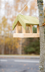 photo Nature-inspired wooden birdhouse suspended from a tree branch, designed to attract a variety of wild birds, enhancing your garden's ecosystem and supporting bird conservation