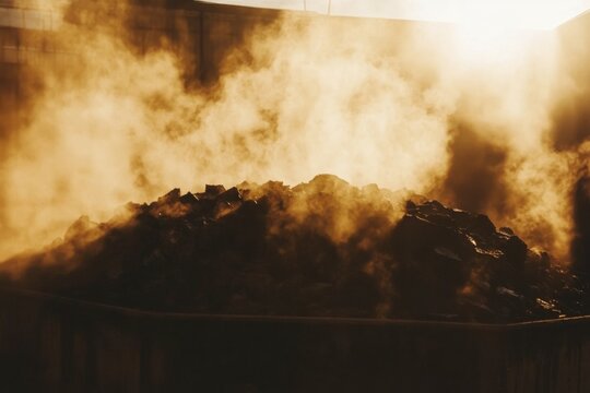 Sunlight casts a warm glow over a refuse pile, where steam rises and swirls in the air, highlighting the work of waste management at dusk. Generative AI