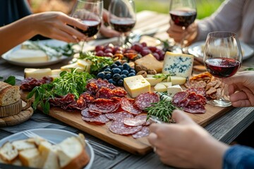 Outdoor charcuterie board with wine and cheese on wood table
