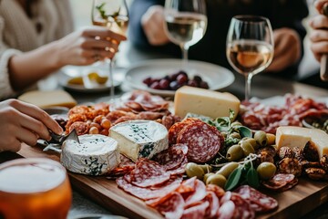 Social gathering with charcuterie board and wine featuring diverse cheeses and meats