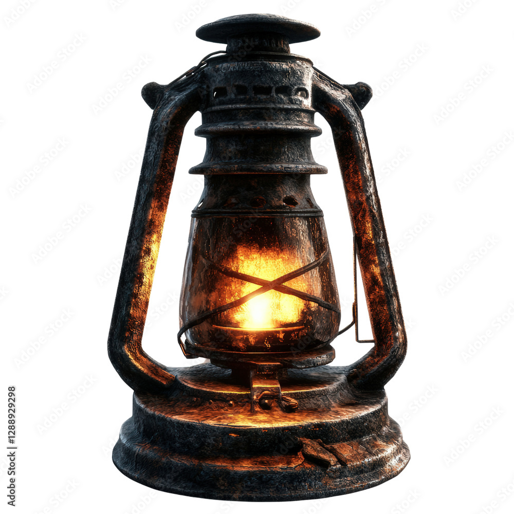 Poster rusty lantern with a burning candle inside creating warm light in a dark setting isolated on transpa