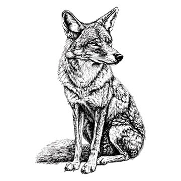 Antique style hand-drawn coyote illustration, black sketch effect, wildlife, predator, vector, vintage art, trendy design, forest animal, engraving style, white background, nature art, print design.