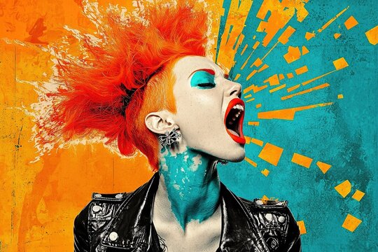 Contemporary art style poster design of a punker girl with cherroke hairstyle. Ai Generative