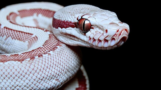 Red-eyed albino ball python close-up, dark background, reptile pet