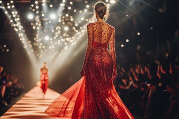 Elegant evening gown on female model walking runway under sparkling lights