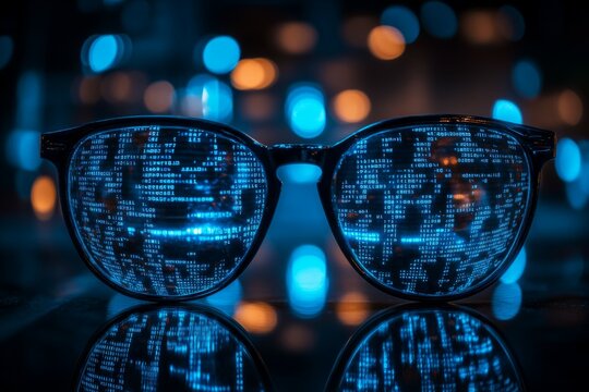Stylish glasses reflect vibrant blue light and digital code against a soft-focus urban backdrop, creating a futuristic atmosphere at night. Generative AI