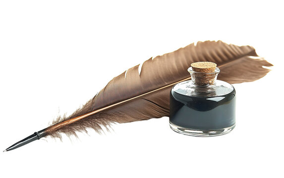 Feather quill pen and glass on transparent or white background,png