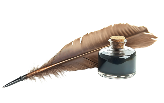 Feather quill pen and glass on transparent or white background,png