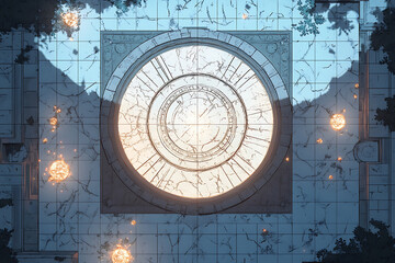 Fototapeta premium Abstract Digital Art Futuristic Battle Map With White And Orange Light And Decorative Elements On Grey Square Pattern Background