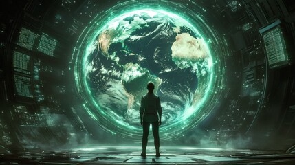Fototapeta premium An individual is gazing at a massive, floating holographic projection of the Earth in a futuristic space.