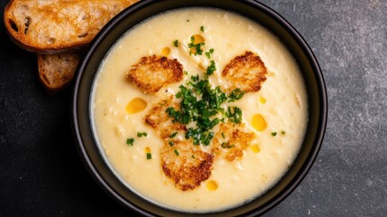 Creamy soup garnished with crispy bread and fresh herbs, invitin