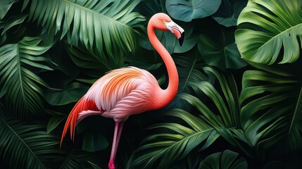 Flamingo Amidst Lush Tropical Foliage
