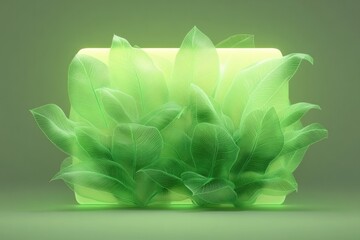 Lush green leaves envelop glowing rectangular form, radiating tr